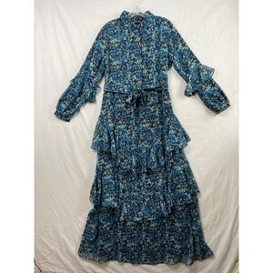 Refka Floral Maxi Dress Womens 4 Blue Tiered Ruffle Long Sleeve Belted Modest